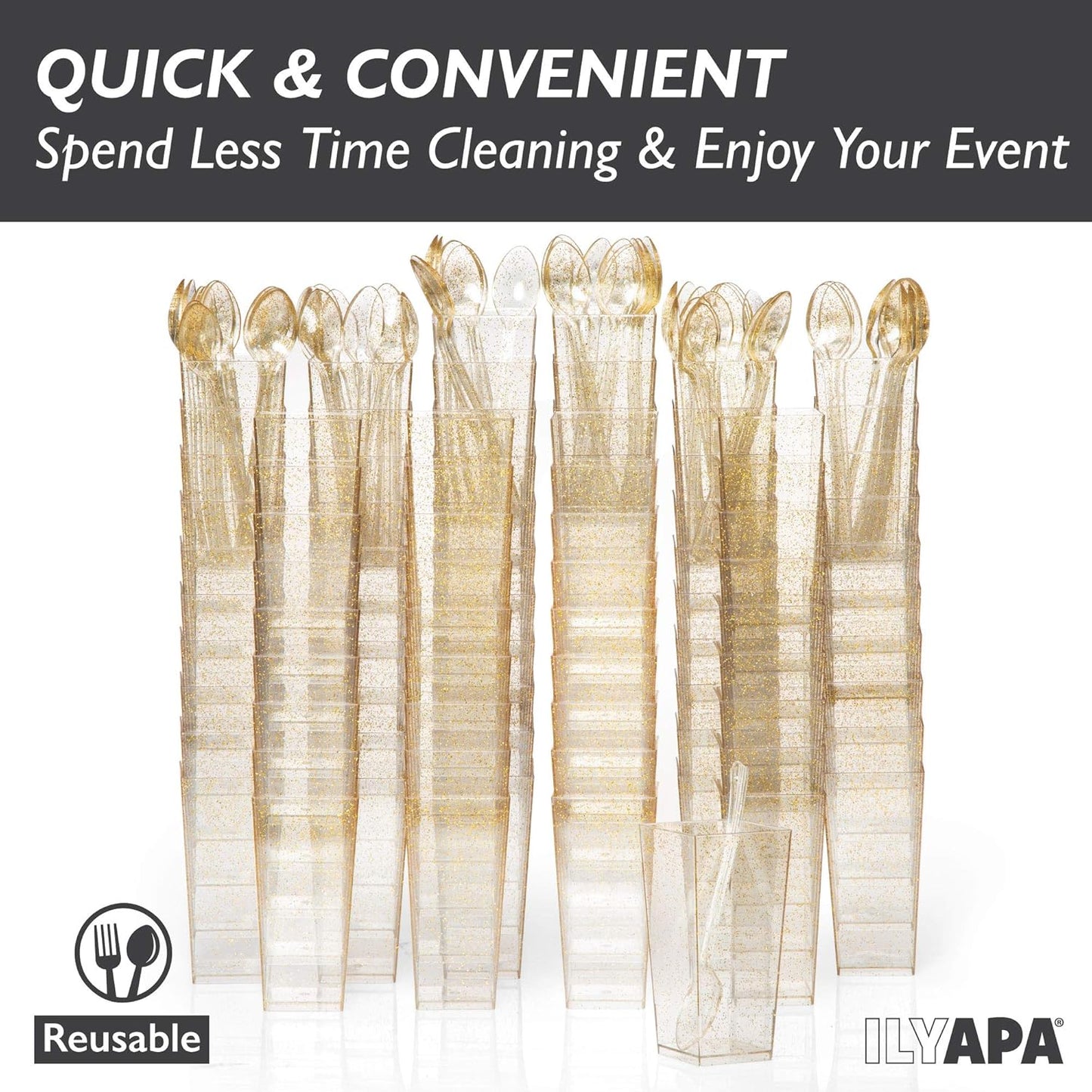 Ilyapa 3oz Plastic Dessert Cups - 100 Pack Mini Dessert Cups with Spoons - Clear Reusable Small Appetizer Cup for Cheesecake Shooters, Chocolate Mousse - Party and Catering Supplies - Square Gold