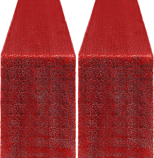 2 Packs 12 x 72 inches Sequin Table Runner, Red Glitter Table Runner for Birthday Party Supplies Wedding Engagement Baby Shower Holiday Celebration Event Decorations