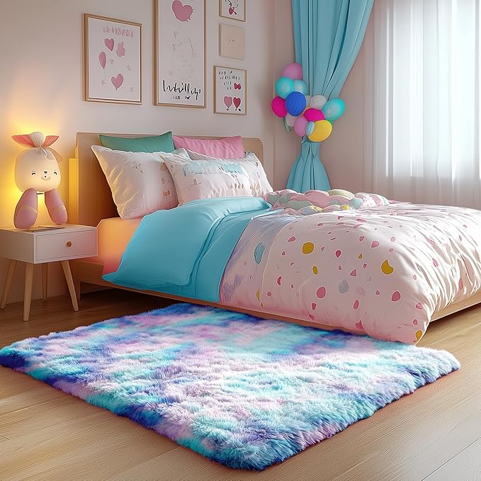 PAGISOFE Furry Rainbow Rugs for Bedroom Girls, 2x3 Soft Purple Shag Tent Rugs - Image 5