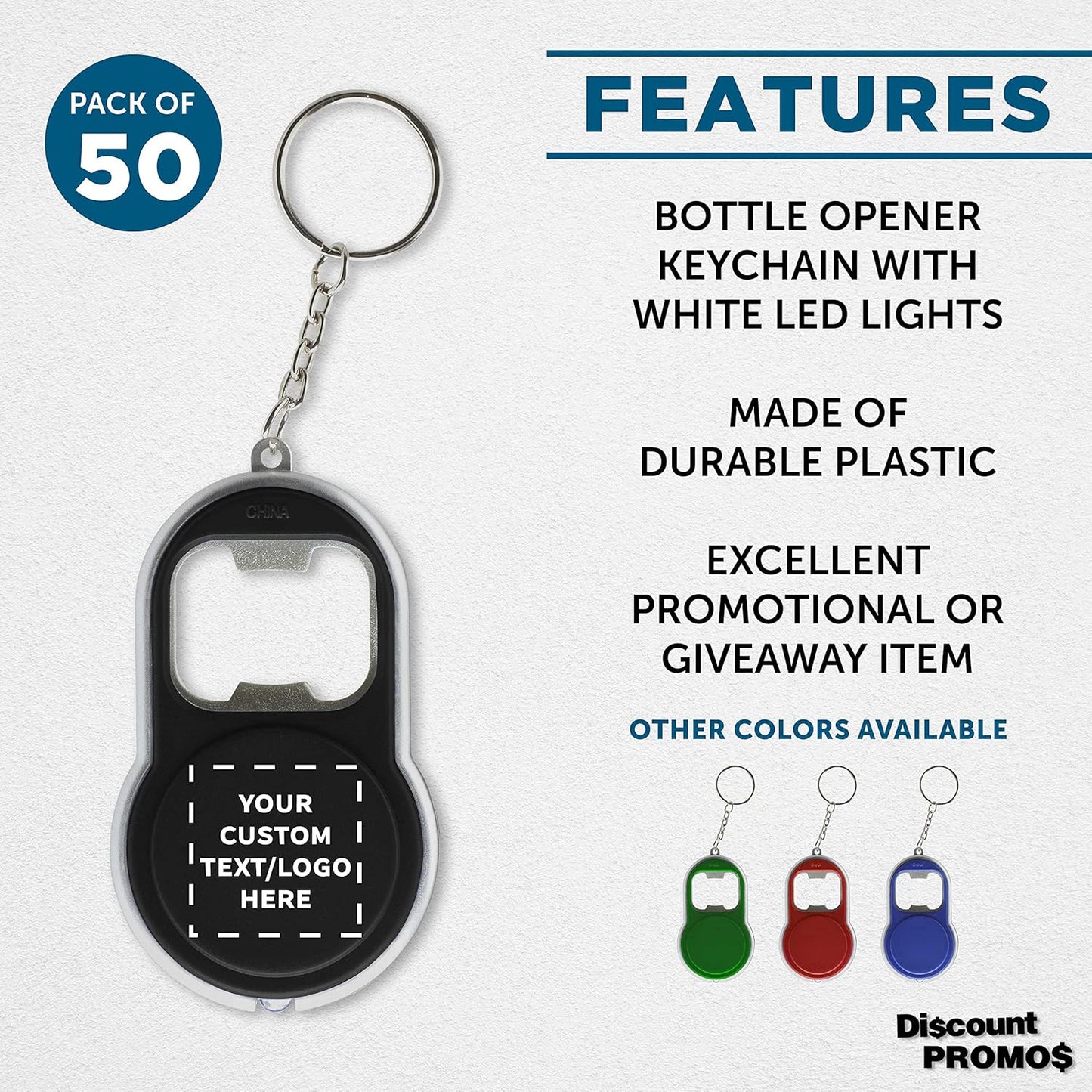 DISCOUNT PROMOS Custom Bottle Opener & LED Keychains Set of 50, Personalized Bulk Pack - Perfect for Tradeshows, Party Favors, Other Events - Black