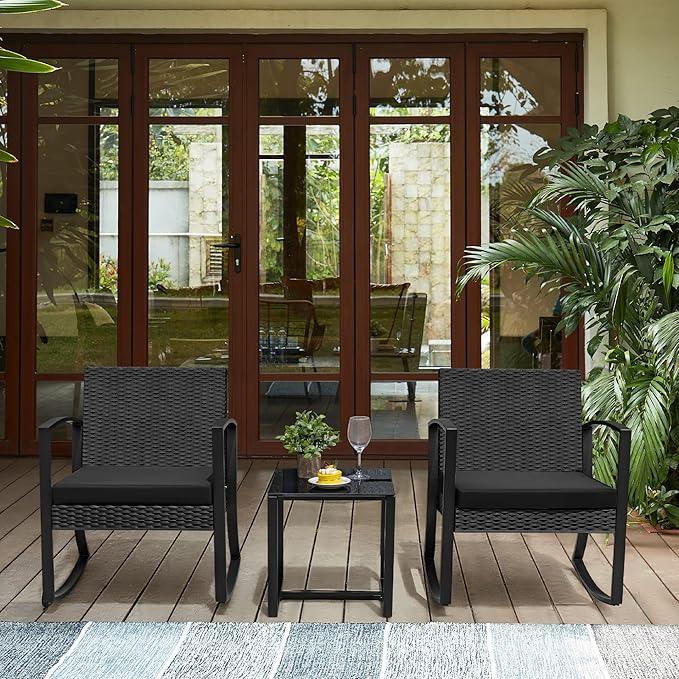 Greesum 3 Pieces Outdoor Furniture Set Patio Bistro Rocking Chairs - Image 3