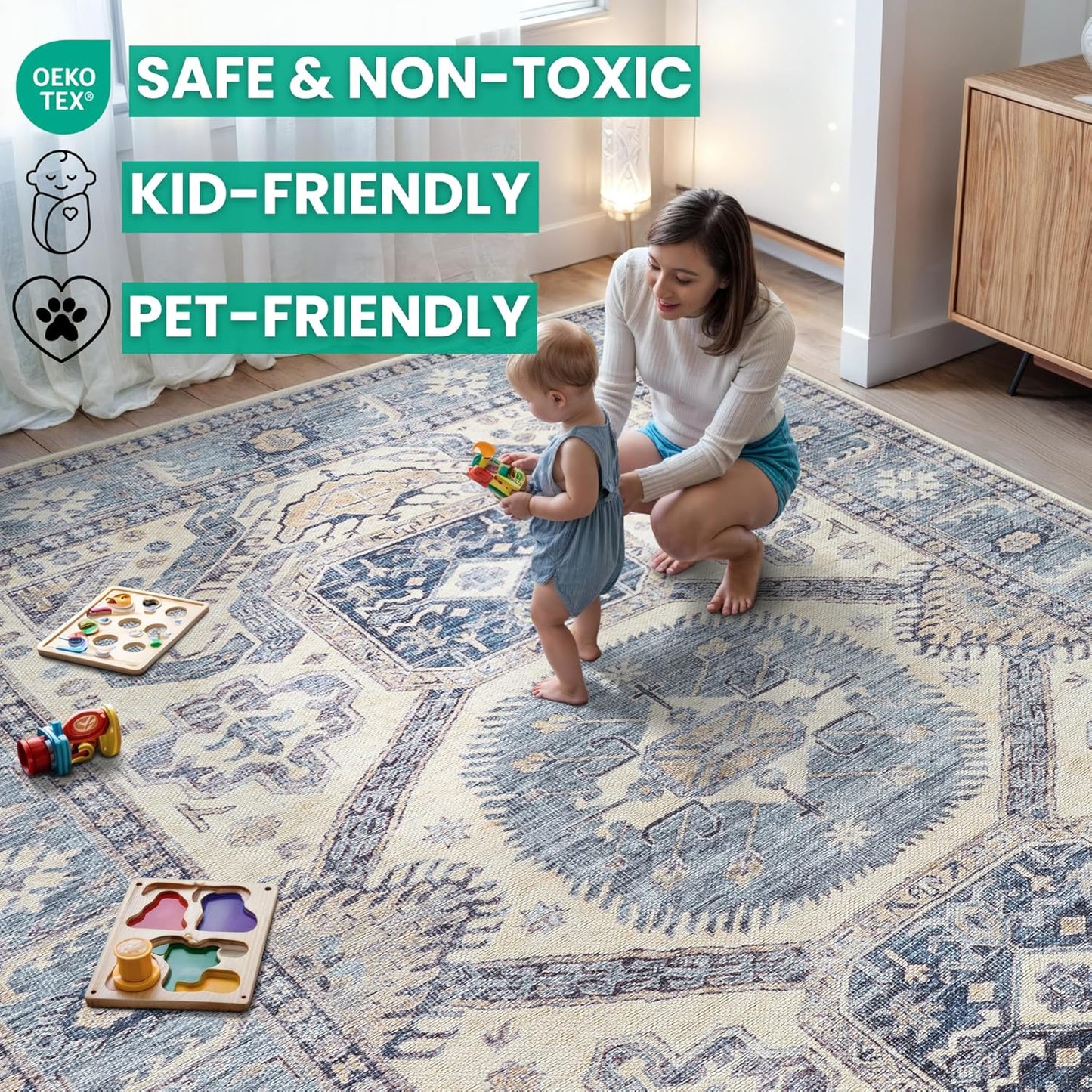 Bloom Rugs Washable Non-Slip 6' x 9' Rug - Blue/Beige Traditional Oriental Area Rug for Living Room, Bedroom, Dining Room, and Kitchen - Exact Size: 6' x 9'