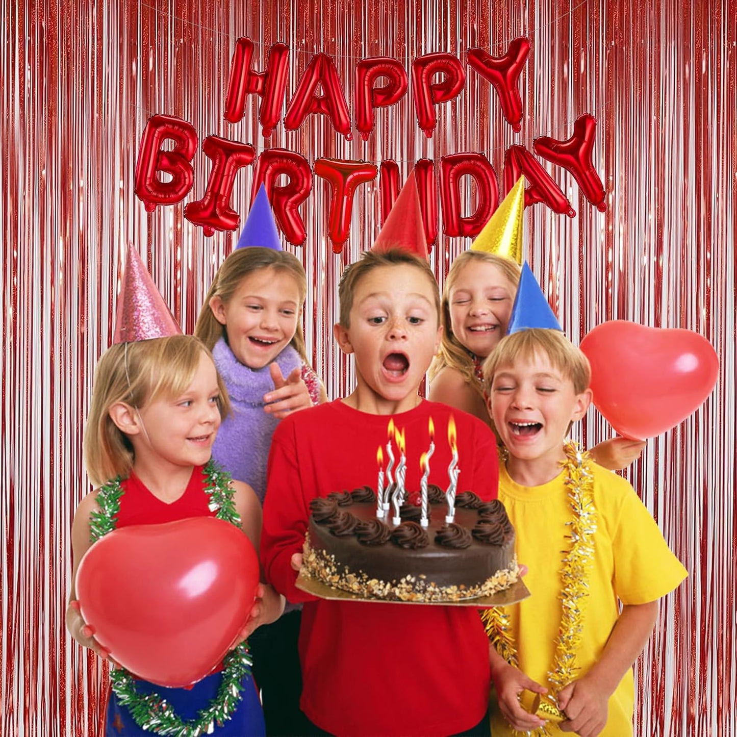 Melsan 2 Pack Red Tinsel Foil Fringe Curtains Backdrop, Sparkle Tinsel Backdrop Curtains for Fourth of July Patriotic Birthday Party Decorations