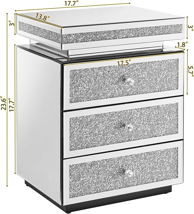 Mirrored Nightstand with 3 Drawers, Mirror End Table, Modern Bedside Table - Image 2
