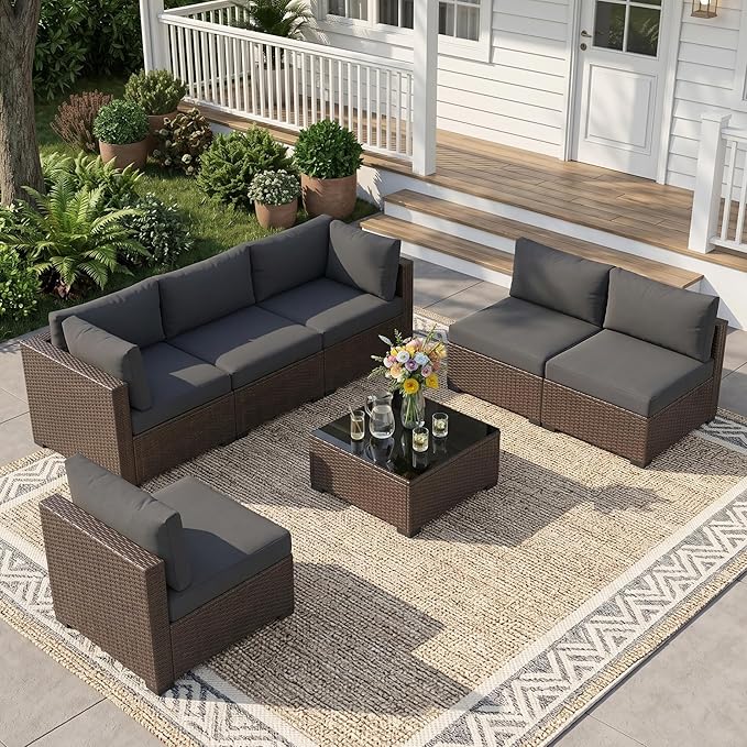 LOUVIXA 7 Piece Outdoor Patio Furniture Set, Outdoor Sectional Sofa, Wicker by LOUVIXA