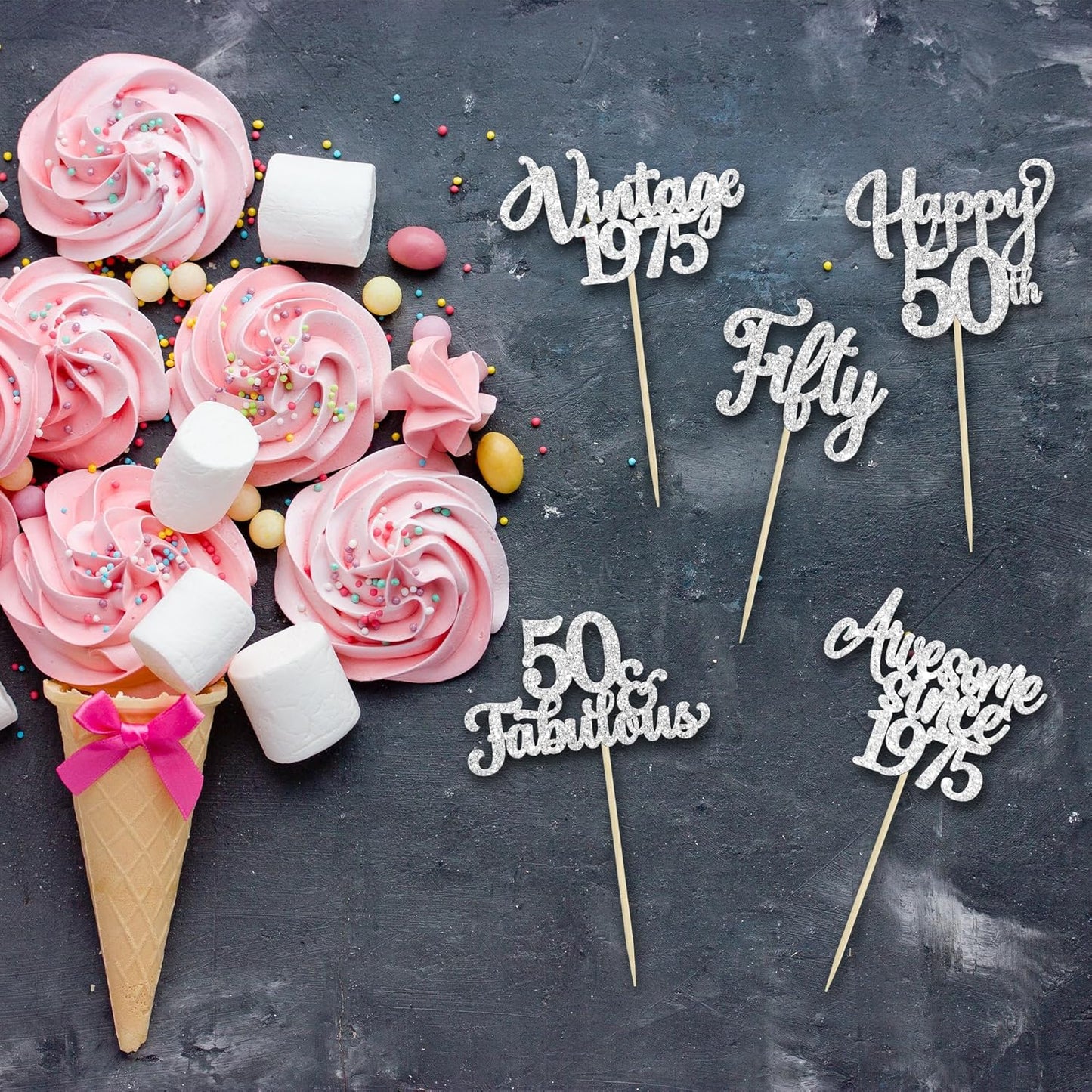 30Pcs Happy 50th Birthday Cupcake Toppers Glitter Fifty Vintage 1975 Cupcake Picks Cheers to 50 Fabulous Cake Decorations for 50th Birthday Wedding Anniversary Party Supplies Silver