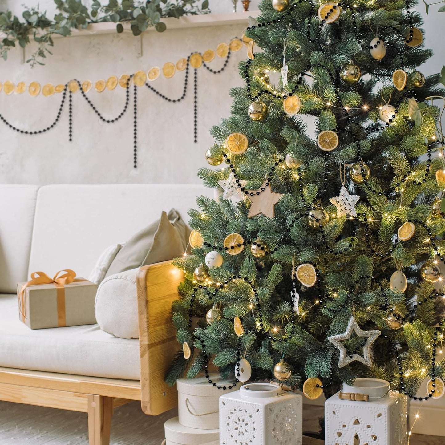 100 Feet Garland for Christmas Tree, Black Christmas Beads Decorations, Xmas Tree Decorations Artificial Pearl Garland Chain for Home Fireplace Curtains Decor Xmas Party Decor