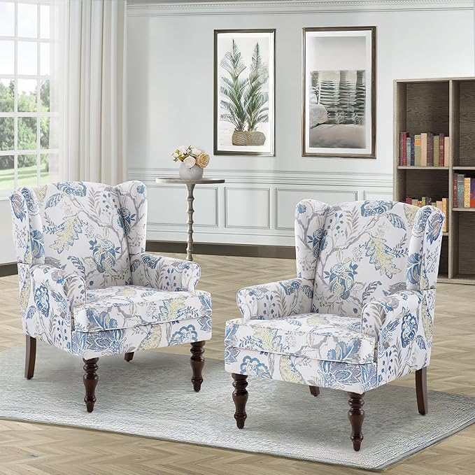 HUIMO Printed Wingback Accent Chair, Linen Upholstered High Back Armchair - Image 2