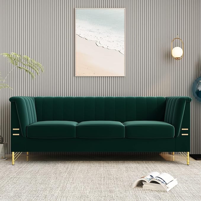 83.46" W Green Velvet Sofa Couch - Image 8