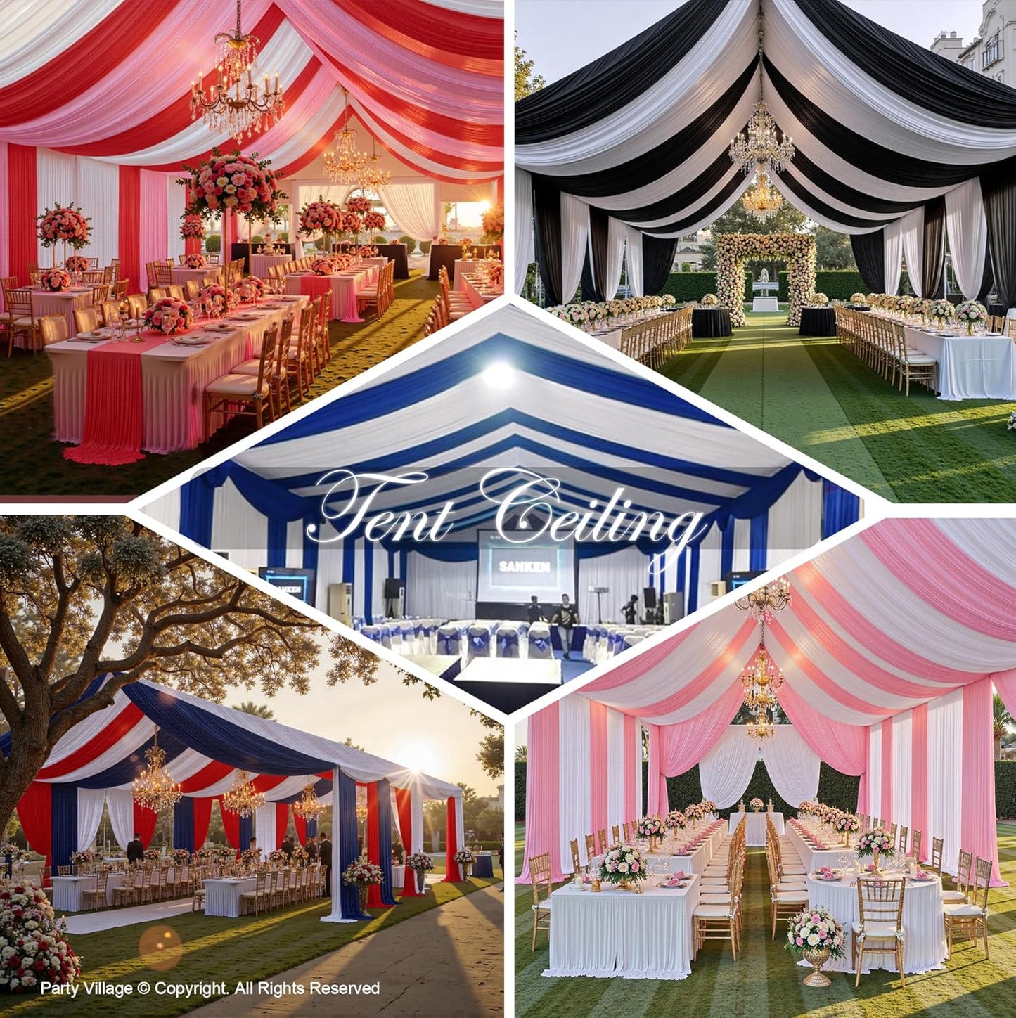 PartyVillage 6 Panels 5ftx30ft White Ceiling Drapes for Wedding Parties – 30 FT Extra Long Thick Polyester Wrinkle-Free Drapery Tent Decor Decorations for Birthday Party Ceremony Stage Swag