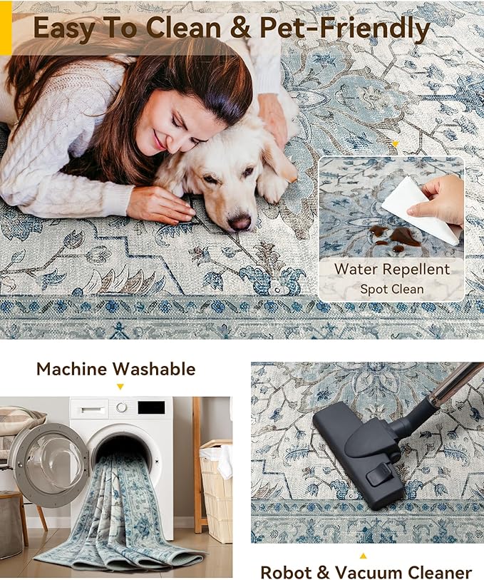 RELEANY Area Rugs Square 7ft Washable Non-Slip, Floral Vintage Distress Print - Image 3