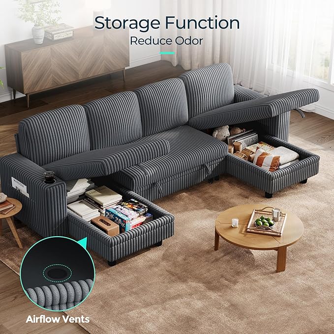 LINSY HOME Sectional Sofa with Pull Out Bed, 4 Seats Corduroy Reversible - Image 6