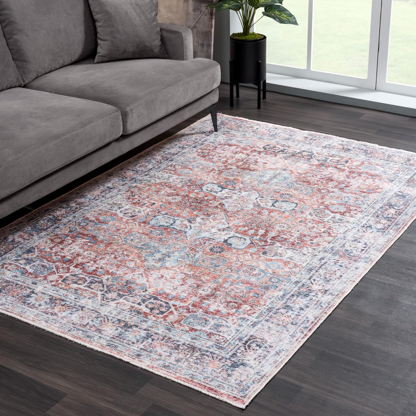 Bloom Rugs Caria Washable Non-Slip 8x10 Rug - Brick/Dark Blue Traditional Area Rug for Living Room, Bedroom, Dining Room, and Kitchen - Exact Size: 7'8" x 10'