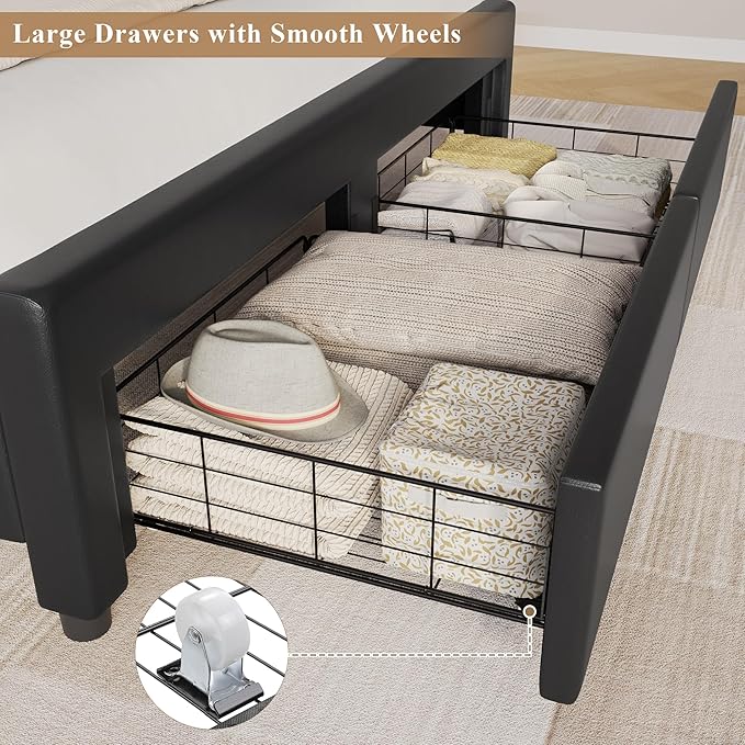 Full Bed Frame with Drawers, Hidden-Cubby & Shelves Storage Headboard with - Image 5