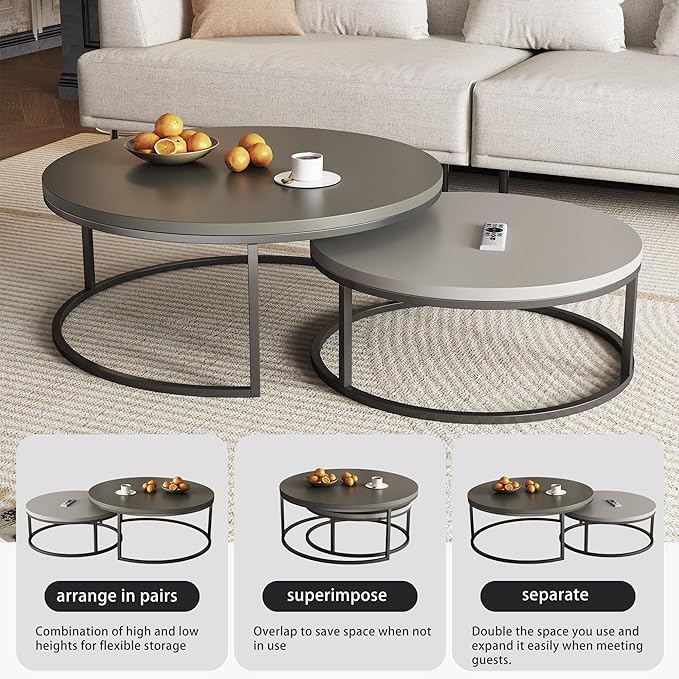 2-Piece Round Nesting Coffee Tables – Walnut Wood Top - Image 5