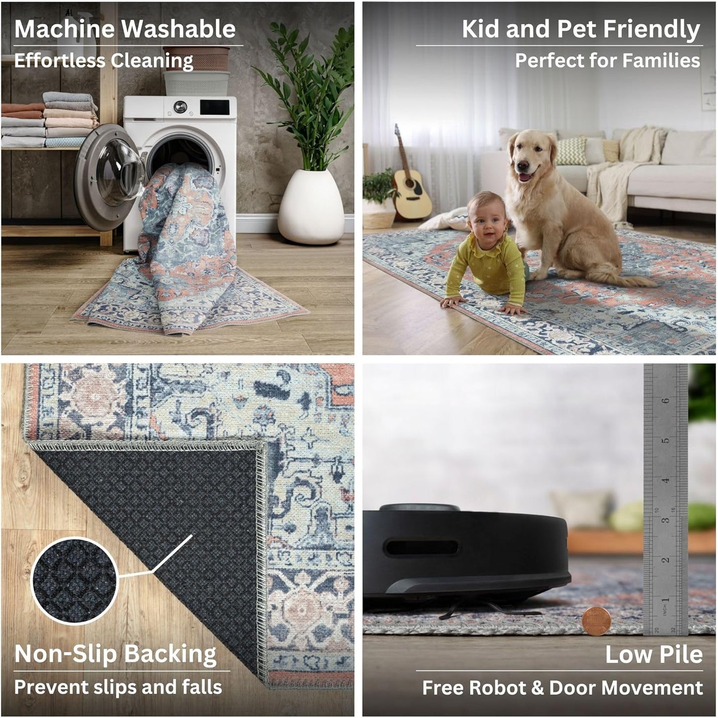 Bloom Rugs Washable Non-Slip 7 ft Runner - Coral/Blue Traditional Medallion Runner for Entryway, Hallway, Bathroom, and Kitchen - Exact Size: 2.5' x 7'