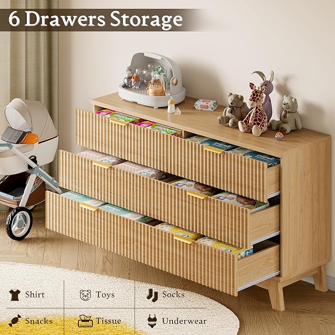 BORNOON Fluted 6 Drawer Dresser, 47.2" Wide Modern Boho Chest of Drawers - Image 6