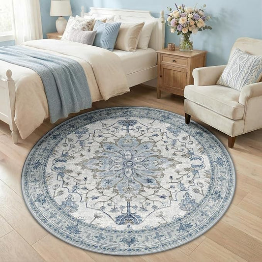 RELEANY Area Rugs Round 5ft Washable Non-Slip, Floral Vintage Distress Print by RELEANY