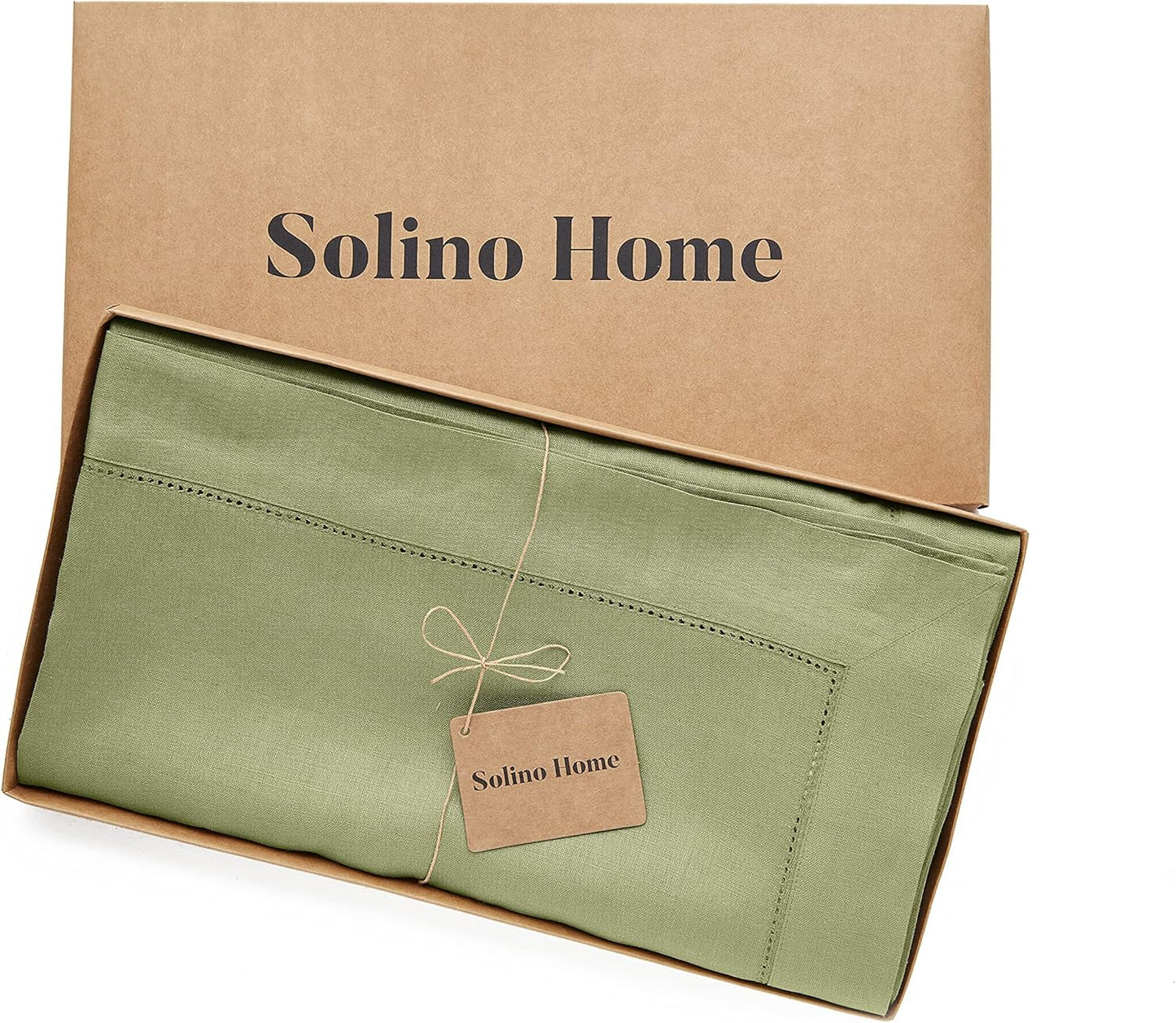 Solino Home Linen Moss Green Tablecloth 60 x 108 Inch - Classic Hemstitch, 100% Pure Linen Rectangular Tablecloth - Machine Washable Table Cloth for Fall, Autumn, Thanksgiving
