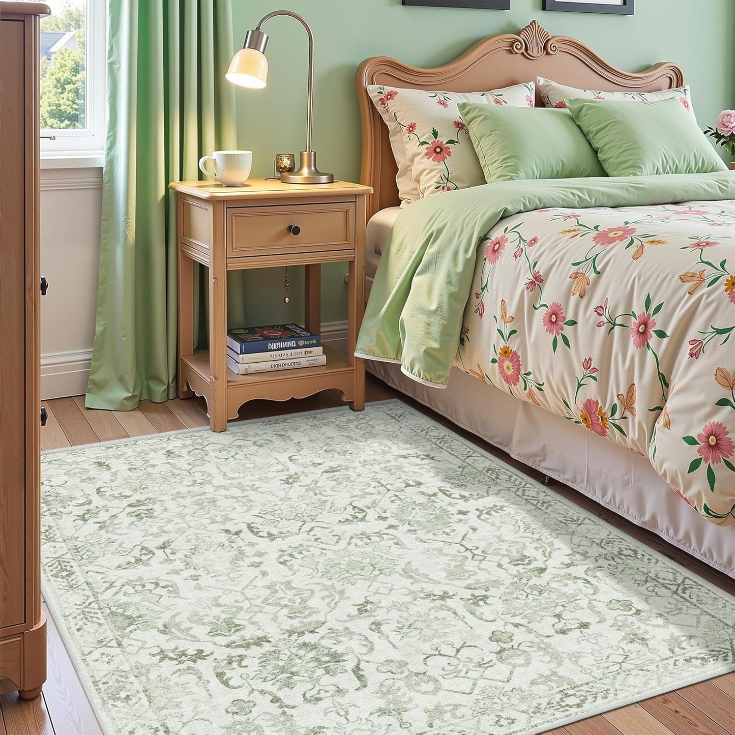 Sage Vintage Area Rug 4x6 for Living Room Bedroom, Washable Distressed Farmhouse Soft Thin Non-Shedding Indoor Throw Rug, Traditional Accent Carpet for Bedroom Office