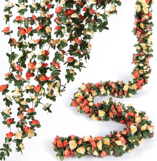 8 Pcs x 8.2 ft Flower Garland Artificial Rose Vine Flowers with Green Leaves Hanging Fake Roses Vine for Room Party Home Wedding Birthday Christmas Wall Arch Decor, Champagne Flower
