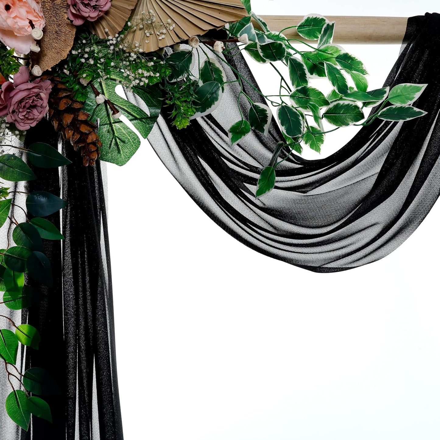VDS Pack of 2 Panel (30 Inch X 40 Feet) Wedding Arch Draping Fabric Sheer Chiffon Fabric Drapery for Wedding Ceremony Reception Swag Backdrop Canopy Chuppah ARBO Altars Decoration (Black)