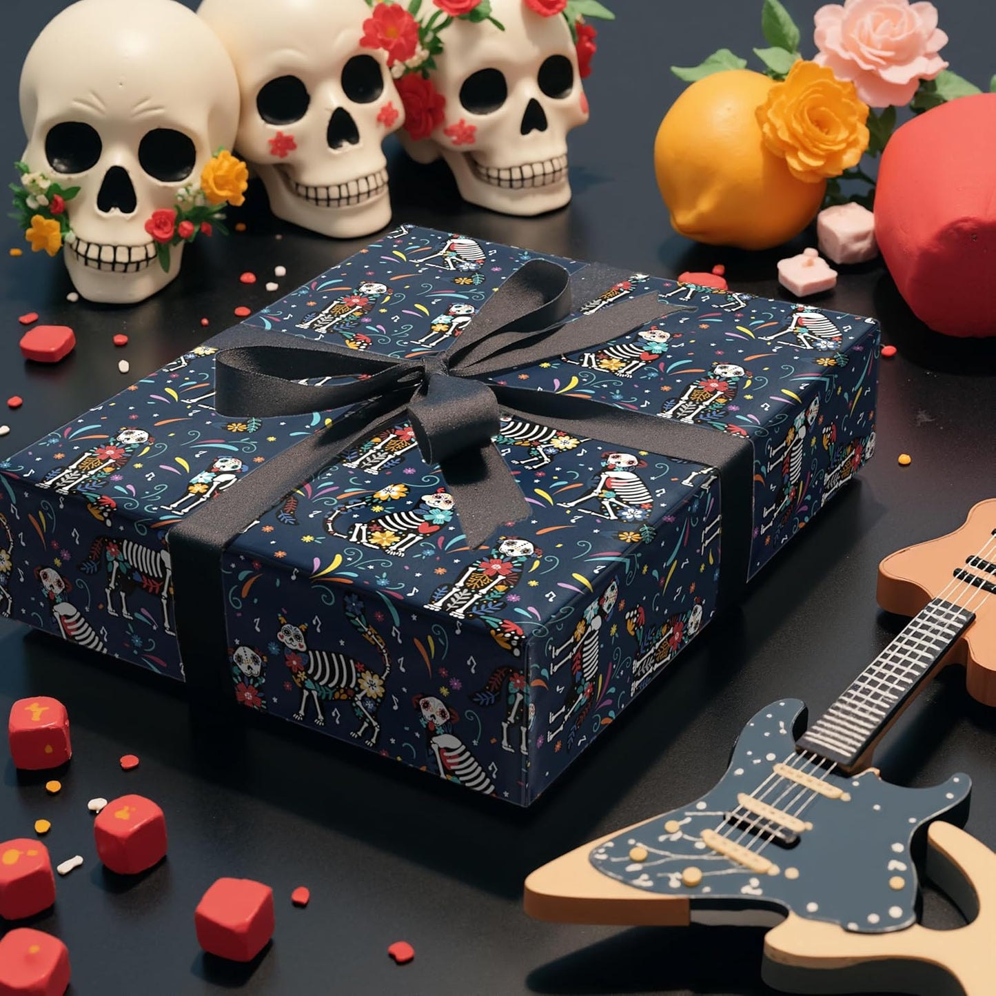 LeZakaa Day of the Dead Wrapping Paper Roll, Colorful Skeleton Dogs Cats with Flowers Music Notes Design in Navy Blue, Día de Muertos Gift Wrap for Friends, Family, Kids, Mini Roll 17 in x 16.4 Ft