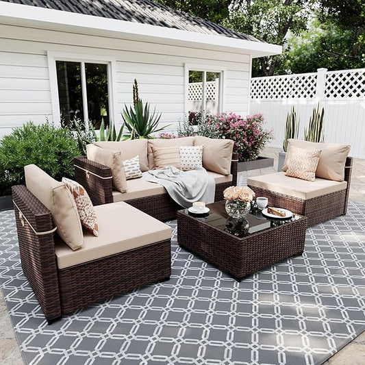 UPHA 5 Pieces Patio Furniture Sets, Wicker Outdoor Sectional Sofa Couch by UPHA