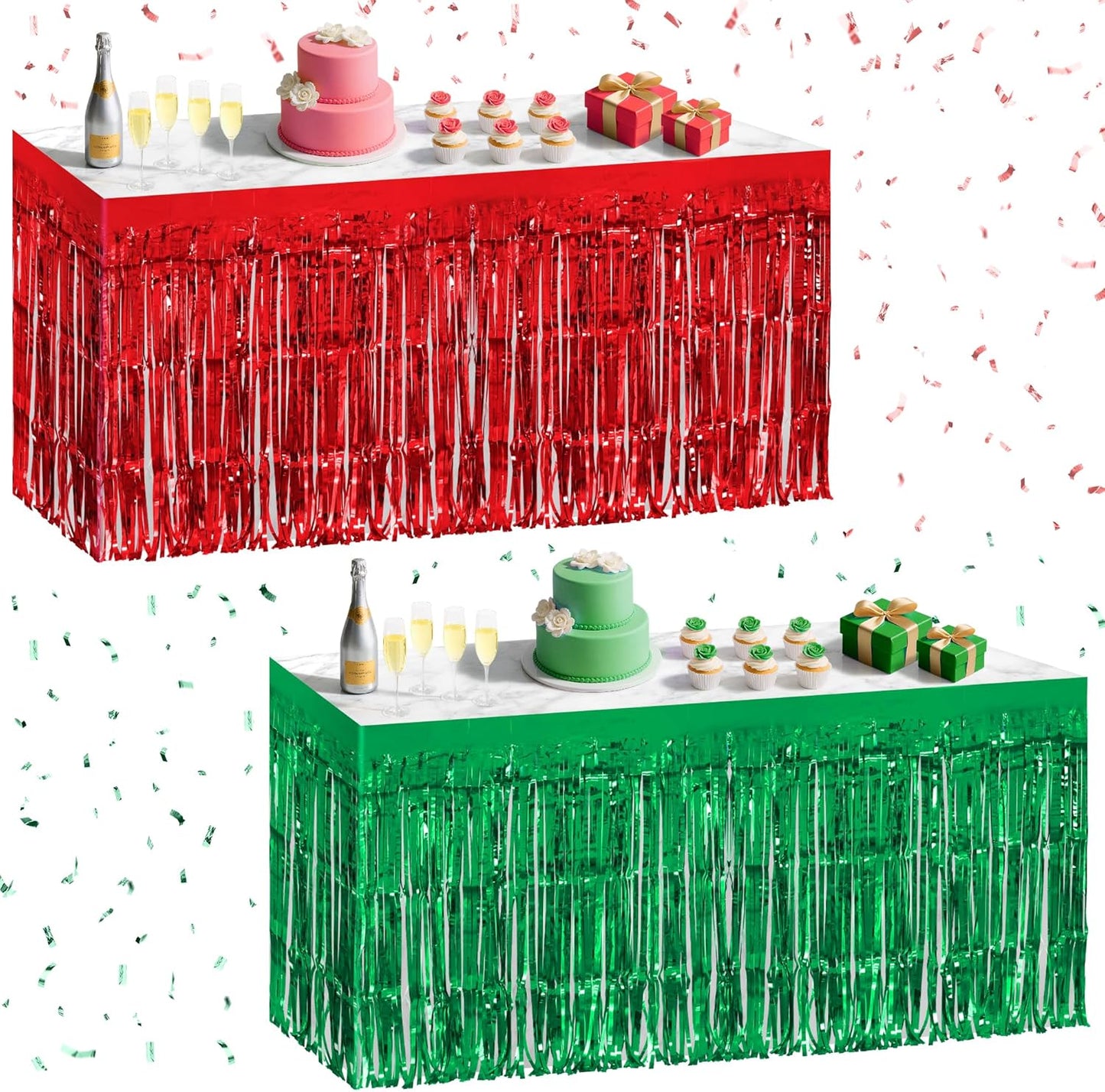 2 Pack Red Green Table Skirts, 29x108" Metallic Foil Tinsel Fringe Table Skirt for Rectangle Tables Streamer Curtains Backdrop, Party Decorations for Birthdays, Weddings, Holidays