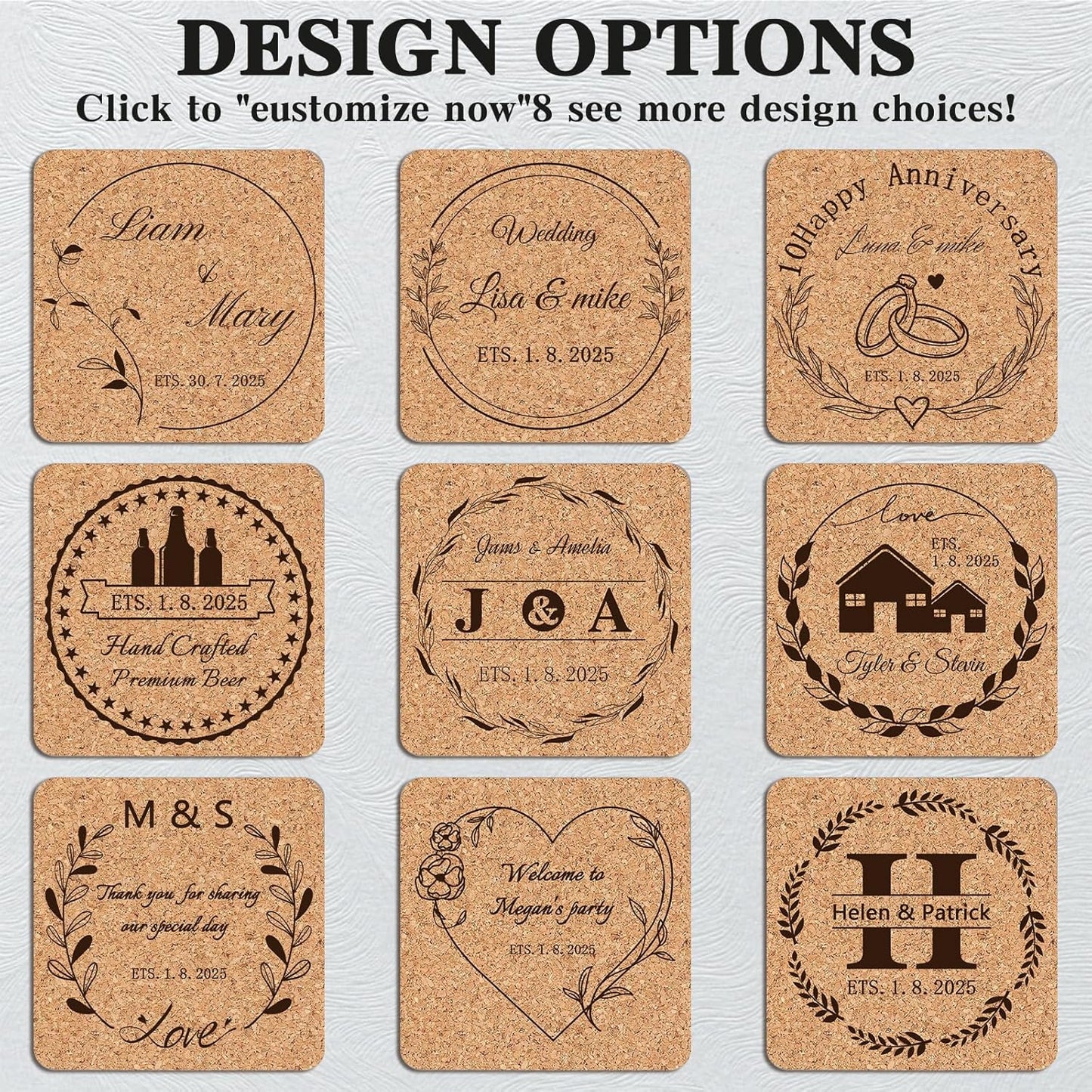 Custom Coasters Personalized Cork Coasters Bulk with Logo Wedding Personalized Cork Natural Wood Engraved Drink for Wedding Favors (Cork Coasters - Square)