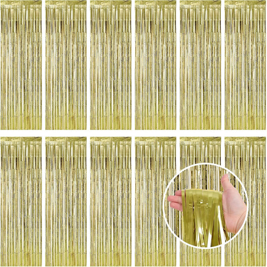 Light Gold Fringe Curtain Party Streamers, 12 Pack 3.3ft x 8.2 ft Foil Curtain Backdrop Tinsel Foil Fringe Curtains Photo Booth Backdrop Streamer for Birthday, Wedding, Baby Shower, Disco Party