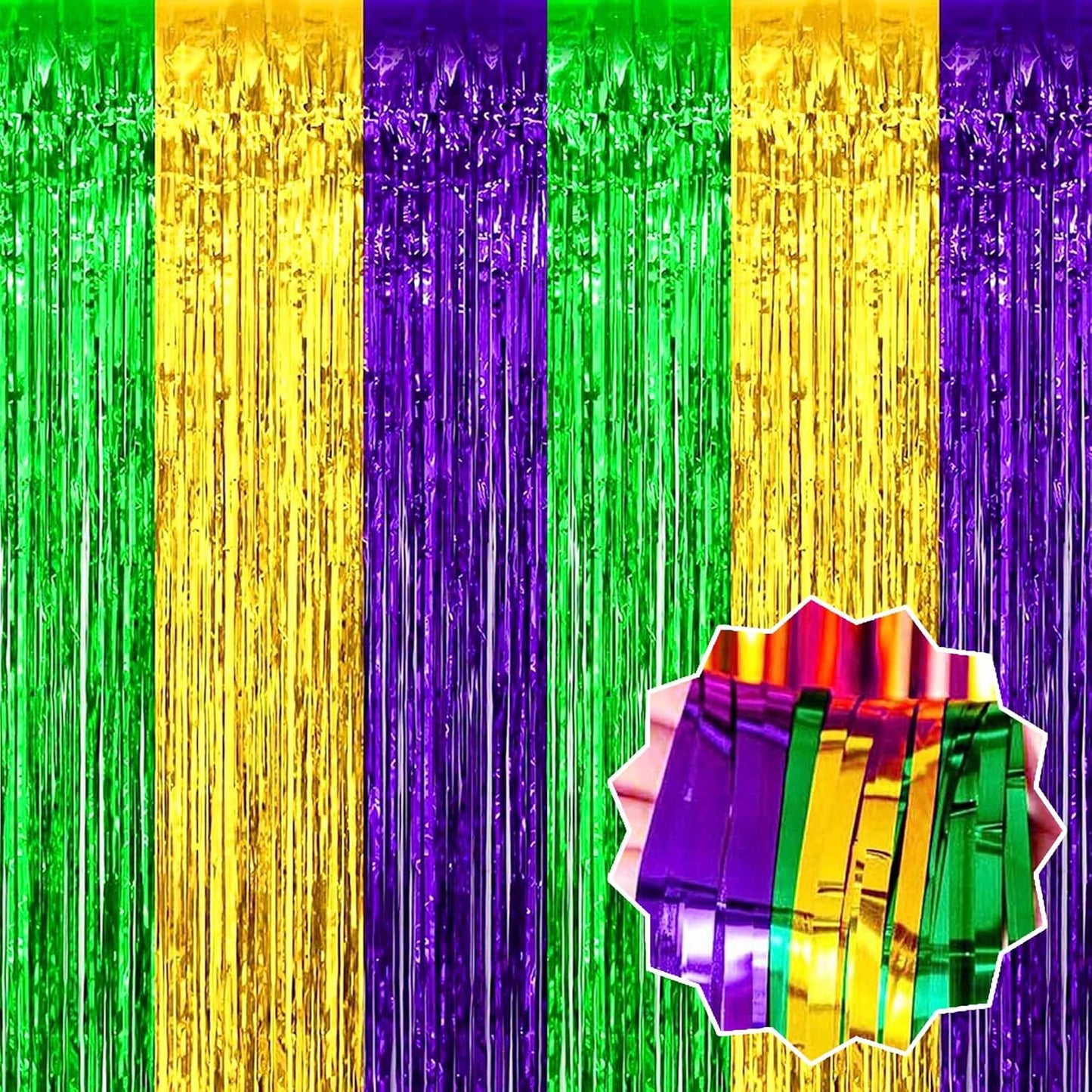 3 Pack Gold Green Purple Foil Fringe Curtains Backdrop, 3.28 x 9.8 Ft Metallic Streamers Tinsel Curtains Background for Photo Booth, Birthday, Halloween, Christmas, New Year Party Decorations