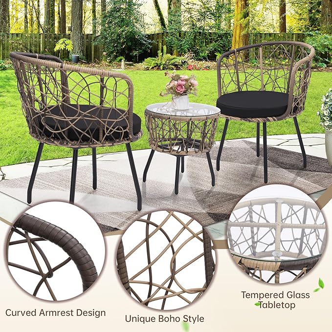 Kromax 3 Piece Bistro Set, Modern Outdoor Wicker Patio Furniture - Image 4