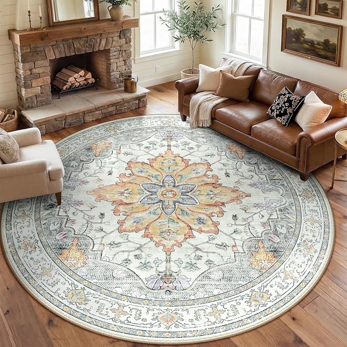 RELEANY Area Rugs Round 8ft Washable Non-Slip, Floral Vintage Distress Print by RELEANY