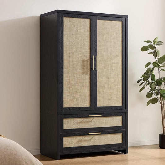 SICOTAS Rattan Armoire Wardrobe Closet Cabinet, 2 Drawers and Hanging Rod by SICOTAS