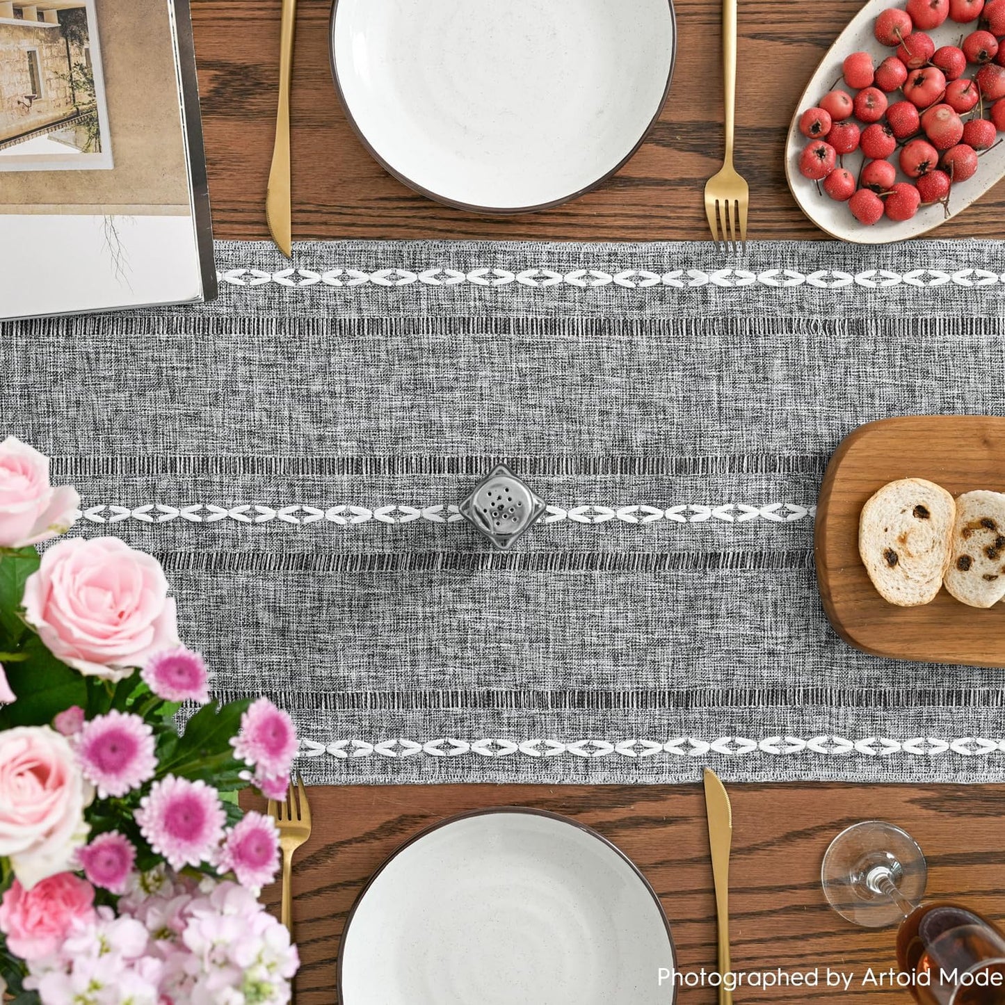 Artoid Mode Dark Grey Rustic Cotton Linen Table Runner, Seasonal Embroidered Hollow Kitchen Dining Table Decoration for Home Party Decor 13x108 Inch