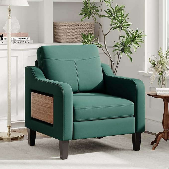 Accent Chair for Living Room Modern Linen Upholstered Armchair Side Wooden - Image 2