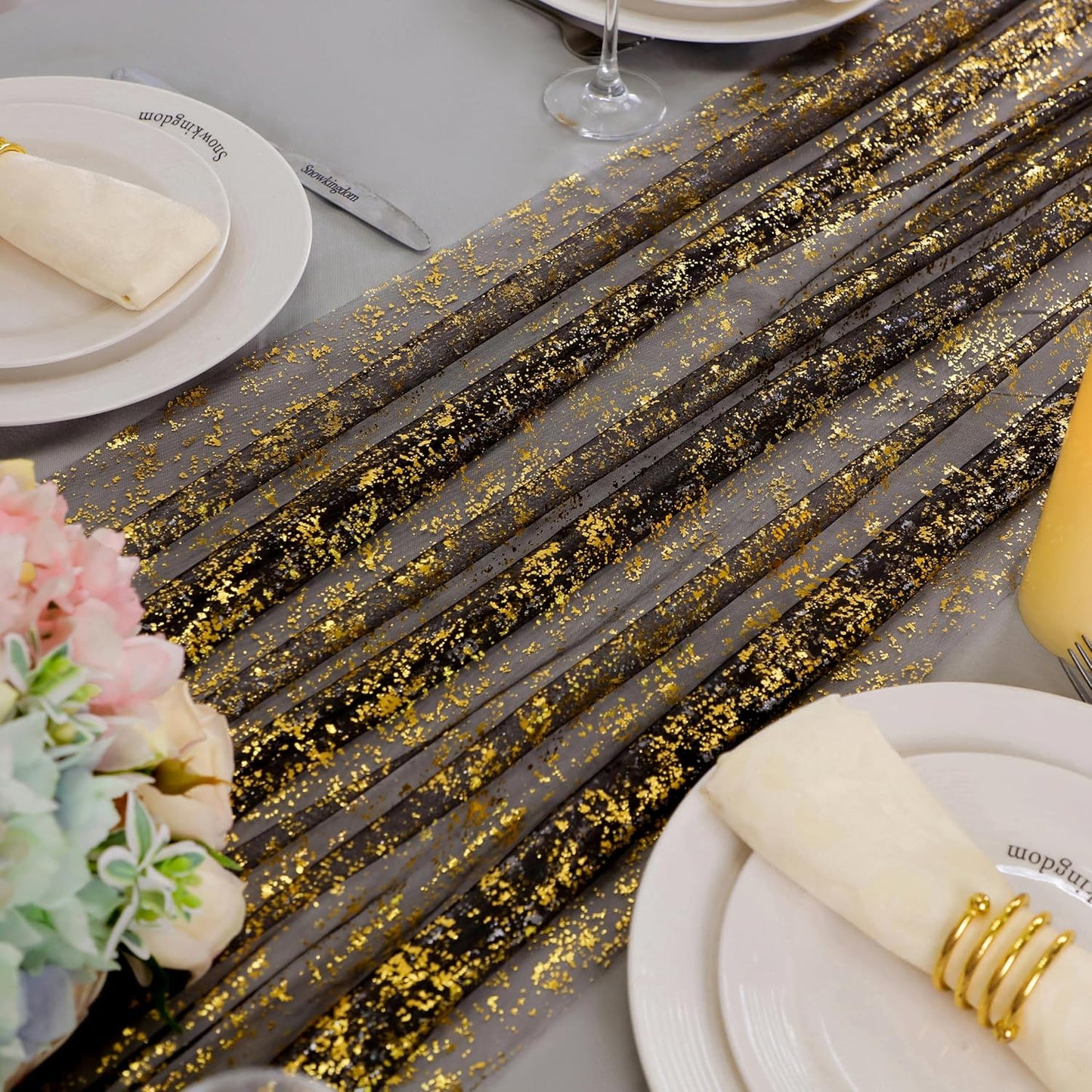Snowkingdom 10 Pcs Black & Gold Cheesecloth Table Runner 10 FT, Sheer Chiffon Sparkle Gauze Mesh Runners 120 Inch, Glitter Table Centerpieces Decoration for Birthday Party Wedding Christmas Halloween