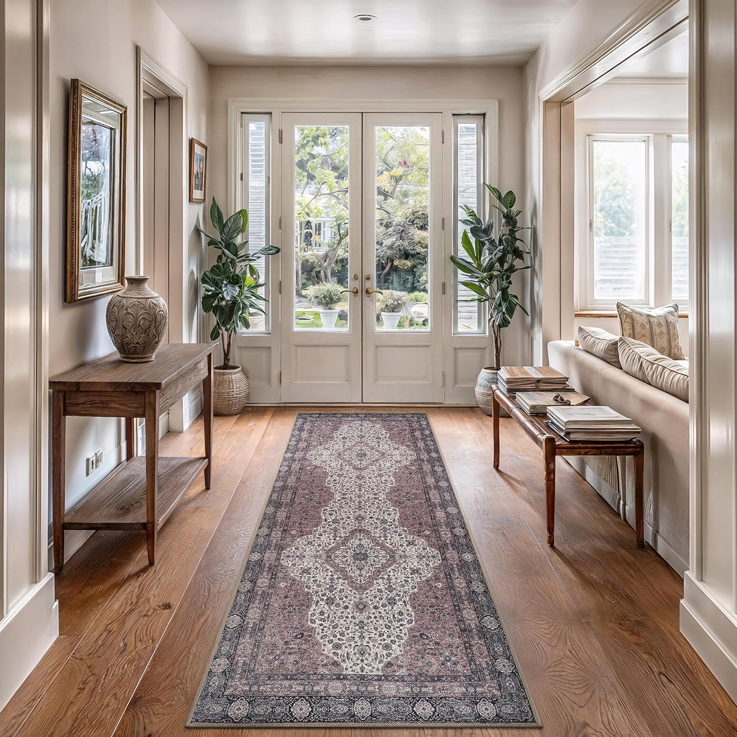 Bloom Rugs Washable Non-Slip 7 ft Runner - Cream/Green Traditional Medallion Runner for Entryway, Hallway, Bathroom, and Kitchen - Exact Size: 2.5' x 7'