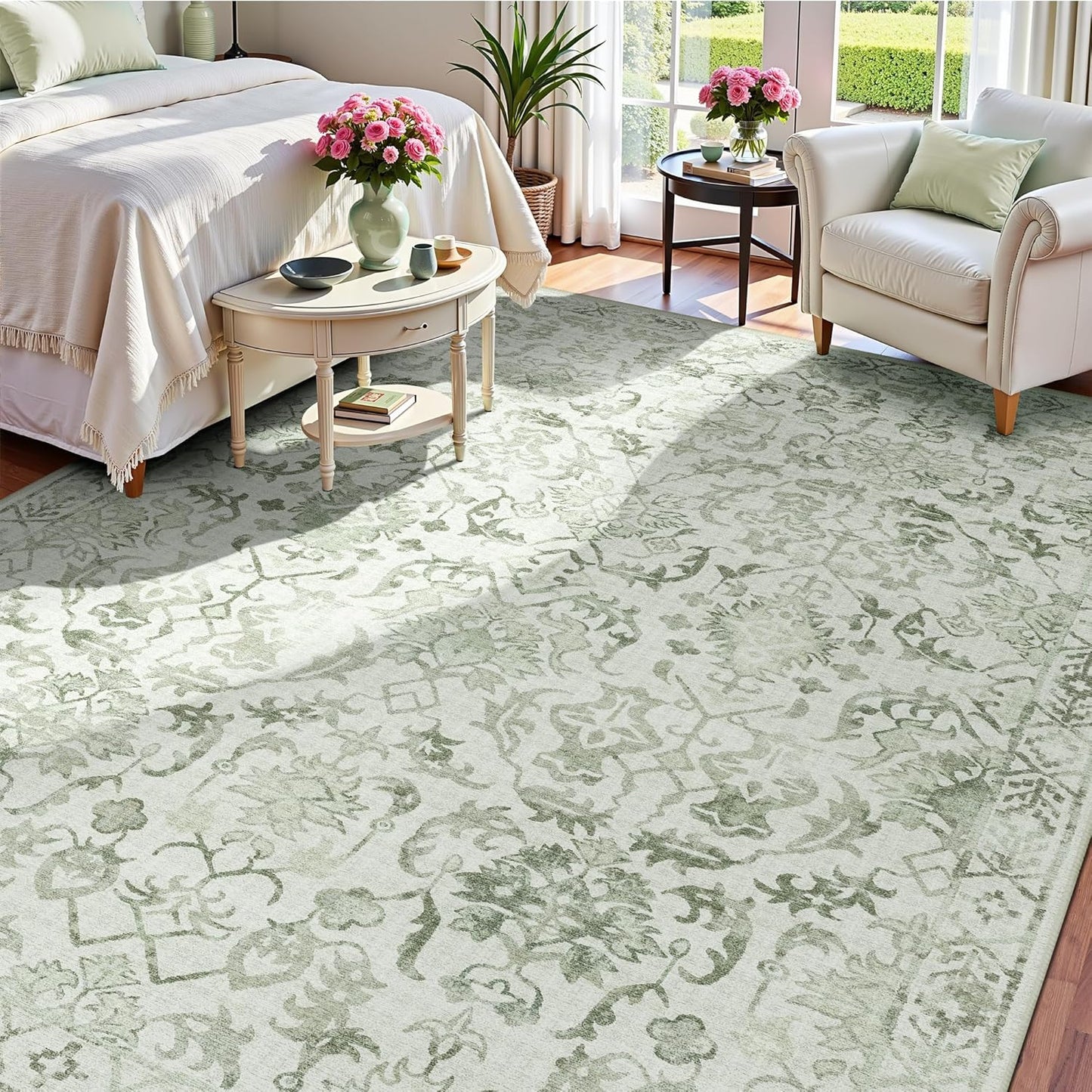 Sage Neutral Large Area Rug 9x12 for Living Room, Washable Rug for Dining Room Bedroom, Anti-Slip Low-Pile and Soft Accent Rug Farmhouse Office Home Decor Light Green