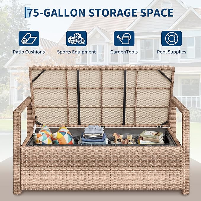 Outdoor Storage Bench with Cushion, Hand-Woven Yellow Wicker Deck Box with - Image 4