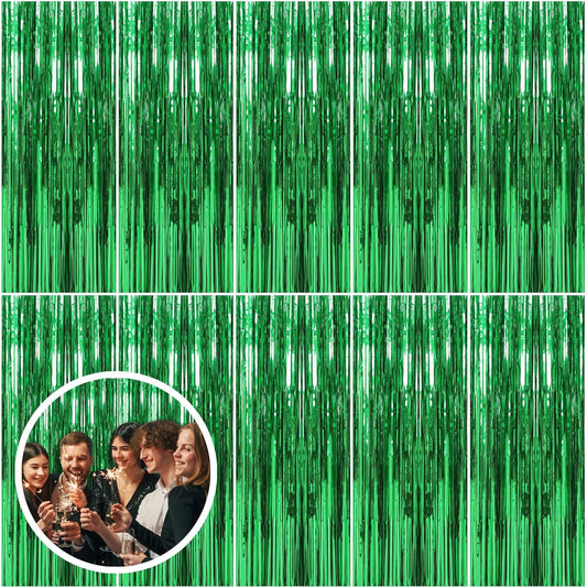 10 Pack Green Streamers Backdrop Jungle Party Decorations Foil Fringe Backdrop Curtains Photo Booth Backdrop for Birthday Dinosaur Animal St Patrick's Day Football Christmas Party Decorations