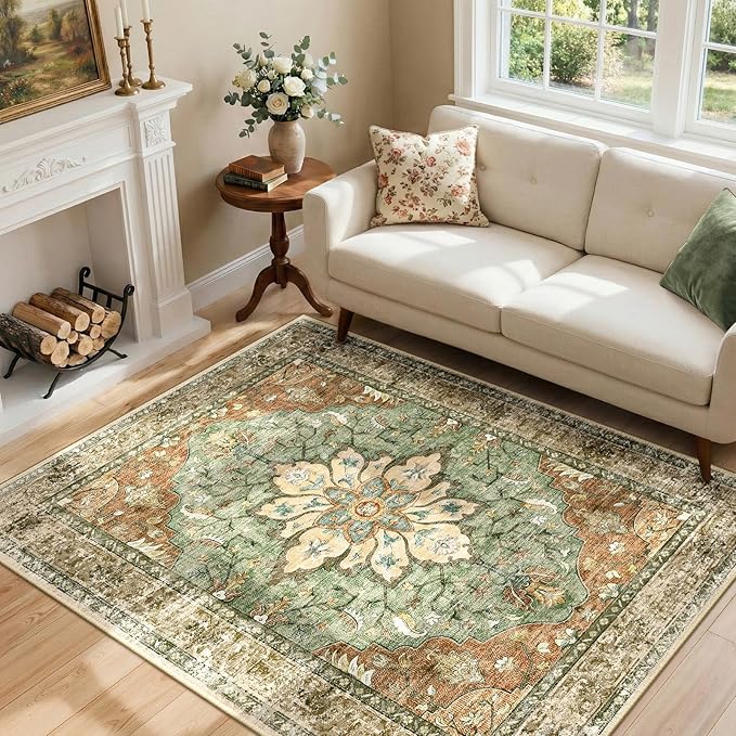 RELEANY Area Rugs 4'x6' Washable Non-Slip, Floral Vintage Distress Print by RELEANY