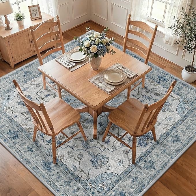 RELEANY Area Rugs Square 8ft Washable Non-Slip, Floral Vintage Distress Print - Image 2