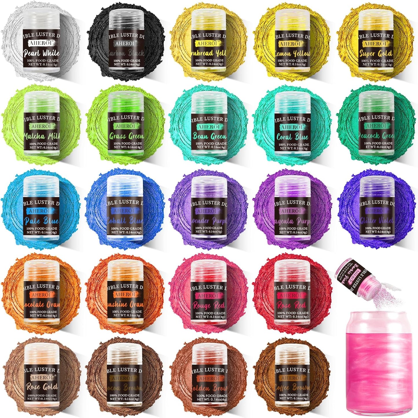 Aheroi Edible Glitter, 24 Colors Luster Dust Edible, Cocktail Glitter Luster Dust Sprinkles Drink Glitter Set, Shimmering Glitter Powder Glitter for Fondant Cake Chocolate Cocktail Candy（4g/0.14oz）