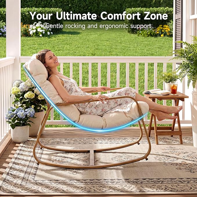 ONBRILL Rocking Chair with Thick Cushion Outdoor Indoor, Premium Iron Wood - Image 3