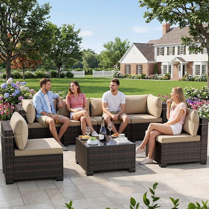 CHABATREE 7pcs Outdoor Patio Furniture Sets, Rattan Conversation Sectional Set - Image 7