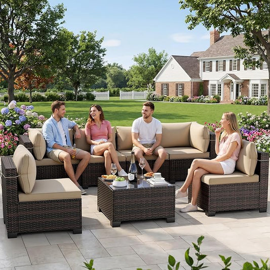 LEVELEVE 7 Pieces Outdoor Patio Furniture Sets, Rattan Conversation Sectional by Enjoyyourlife