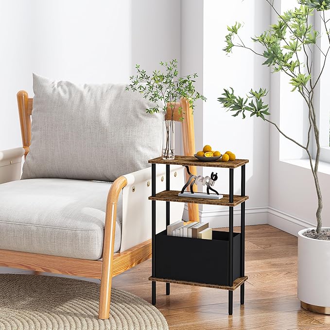 Narrow Side Table with Fabric Basket, Slim Nightstand with 3-Tier Storage Shelf - Image 6