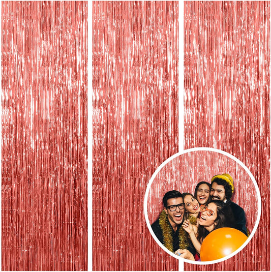 Rose Gold Party Decor 3 Pack - Bachelorette & Birthday Backdrop - Foil Fringe Tinsel Streamers - Christmas, Graduation & Baby Shower Party Decorations